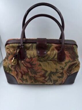 Brahmin Tapestry Carpet Handbag in Floral Damask Pattern with Leather Trim